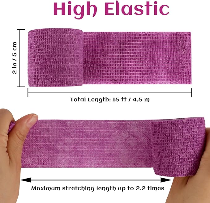 24 Rolls Elastic Self Adhesive Bandage Wrap 2 Inch, Breathable Non Woven Cohesive Bandage, Vet Wrap for Dogs, Ankle Sprains Swelling Medical First Aid Tape, Sports Athletic Tape Purple