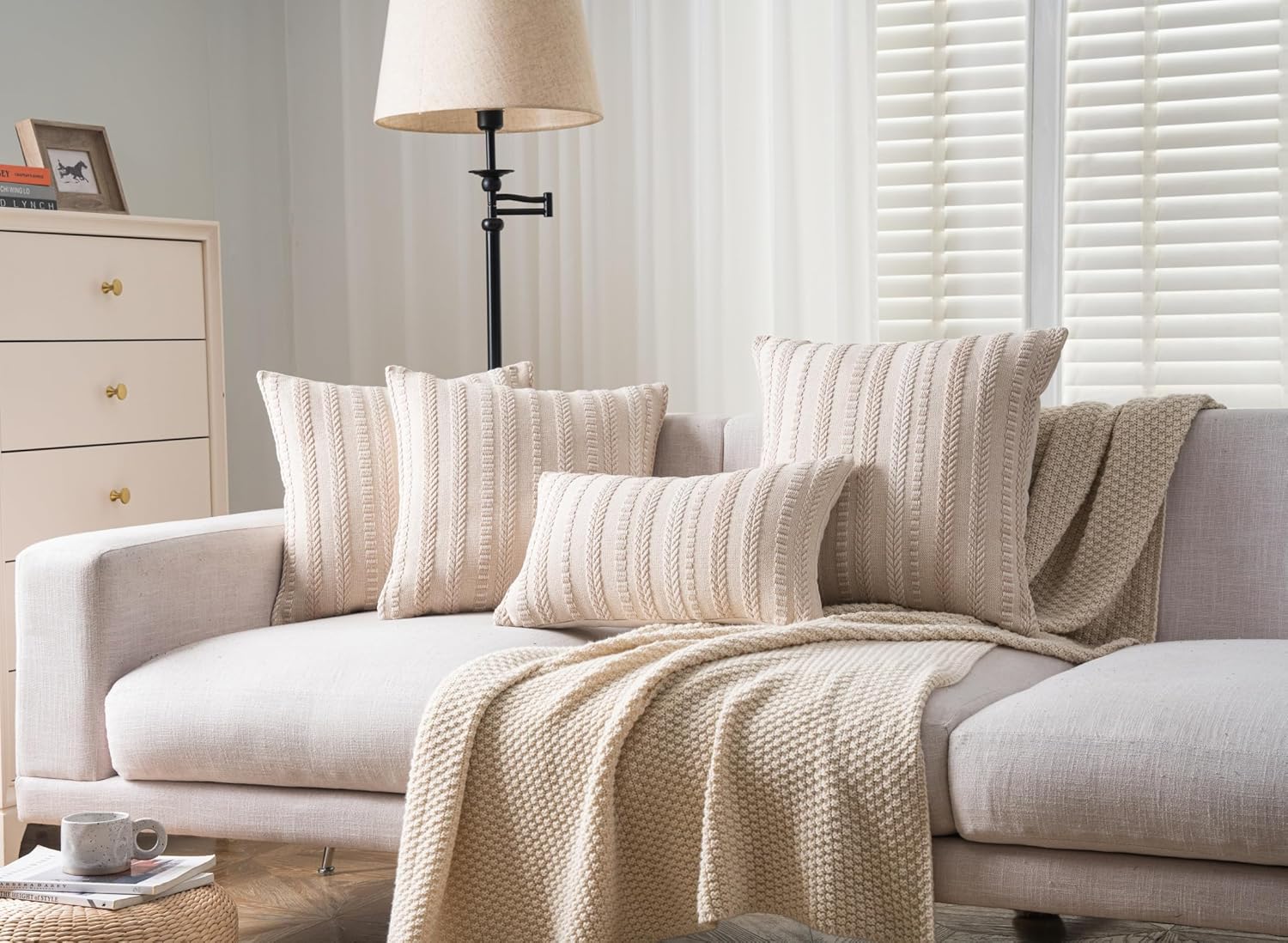 Boho Throw Pillow Covers 18x18 Inch Set of 2, Farmhouse Decorative Couch Pillow Cases, Beige Accent Pillows of Bed, Sofa Bedroom Living Room Home Decor Cushion Cover