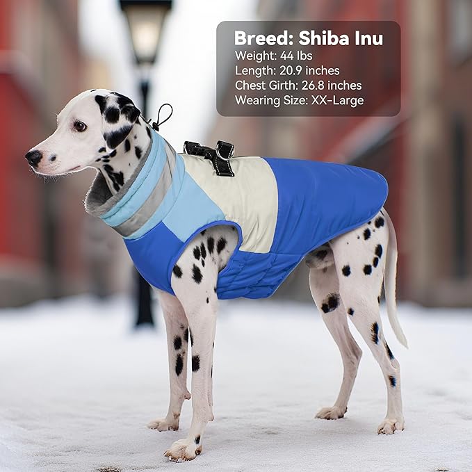 Dog Coat, Waterproof Dog Winter Coats for Small Dogs, Reflective Dogs Jacket with Harness Built in, Zip-up Cold Weather Coats Pet Vest Turtleneck Doggy Snowsuit, Blue Medium