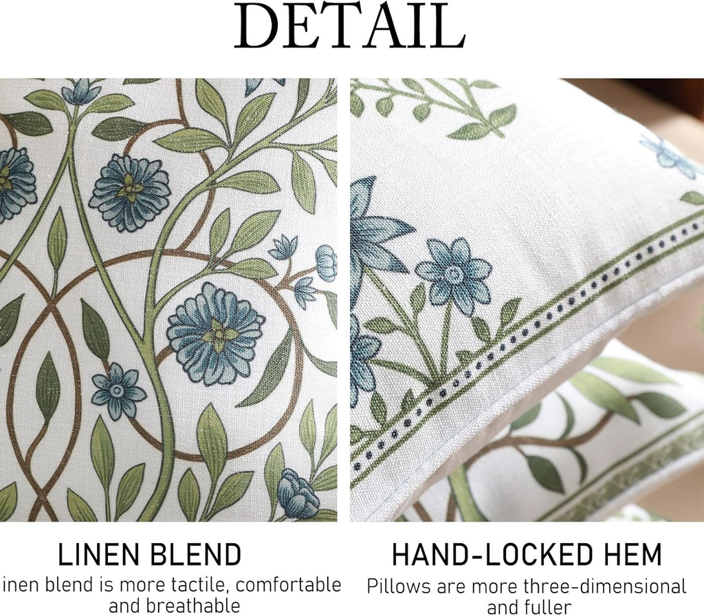ISAENNE Design Fresh Linen Square Throw Pillow Covers 18"x18", French White Cottage Cushion Covers with Blue Floral Branches Pattern Decor Pillowcases for Bed,Living Room,Outdoor,Car