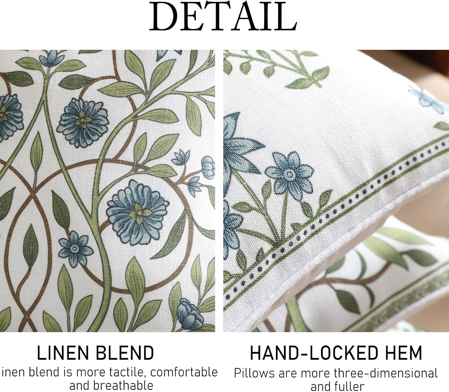 ISAENNE Design Fresh Linen Square Throw Pillow Covers 18"x18", French White Cottage Cushion Covers with Blue Floral Branches Pattern Decor Pillowcases for Bed,Living Room,Outdoor,Car