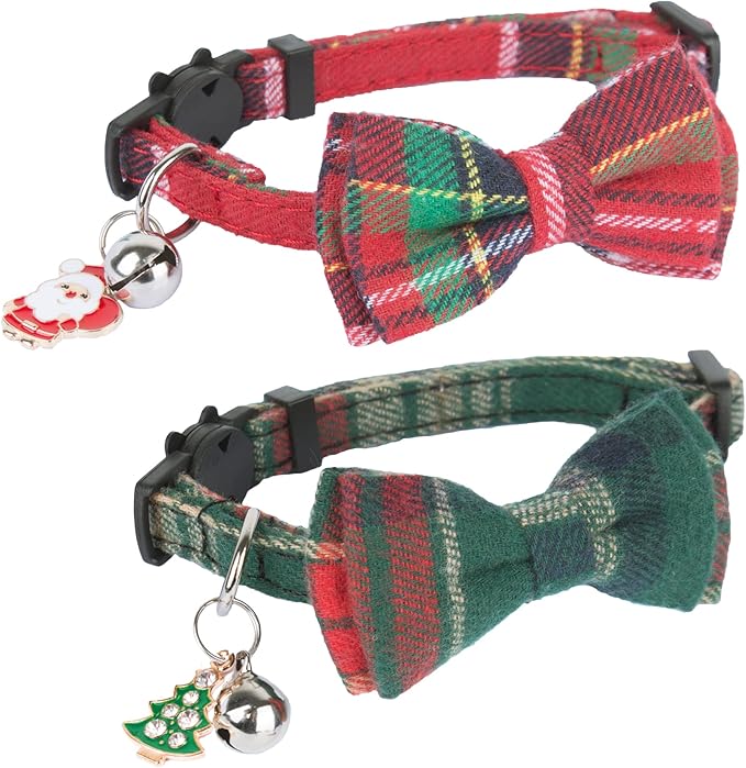 ADOGGYGO Christmas Cat Collars Breakaway with Removable Bow Tie Bell, 2 Pack Red Green Plaid Christmas Bow Collar for Cats Kittens