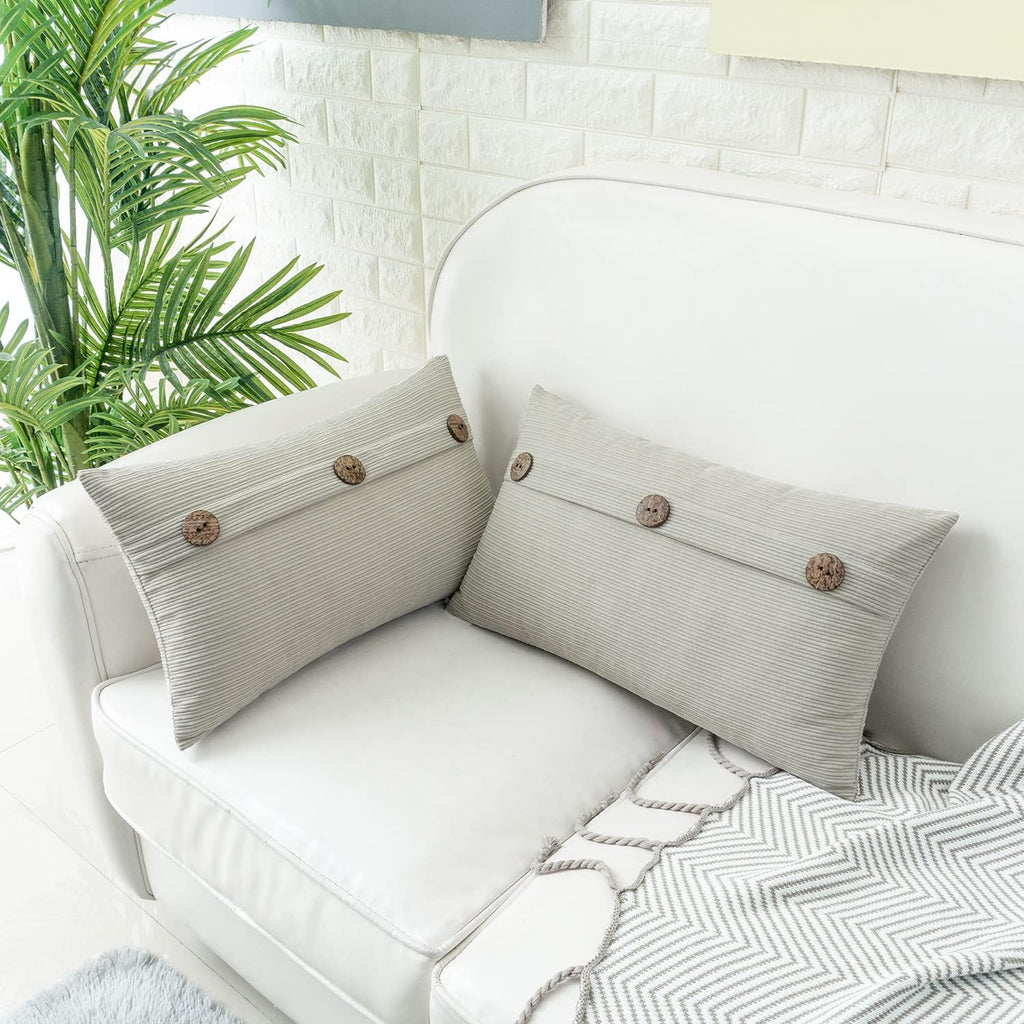HWY 50 Light Grey Gray Chenille Throw Pillow Covers 12x20 Inch with Triple Buttons, Soft Farmhouse Accent Decorative Cushion Cases for Couch Sofa Living Room Pack of 2 Rectangle