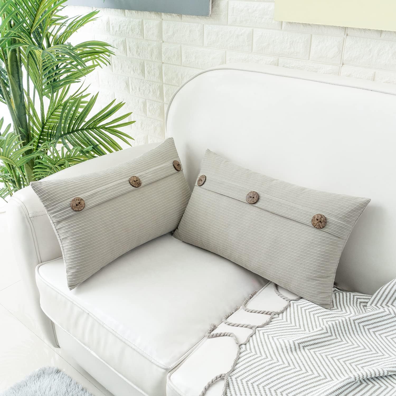 HWY 50 Light Grey Gray Chenille Throw Pillow Covers 12x20 Inch with Triple Buttons, Soft Farmhouse Accent Decorative Cushion Cases for Couch Sofa Living Room Pack of 2 Rectangle