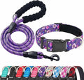 Reflective Dog Collar Padded with Soft Neoprene Breathable Adjustable Nylon Dog Collars for Small Medium Large Dogs (Small (Pack of 1), Purple/Pink Floral Collar+Leash)