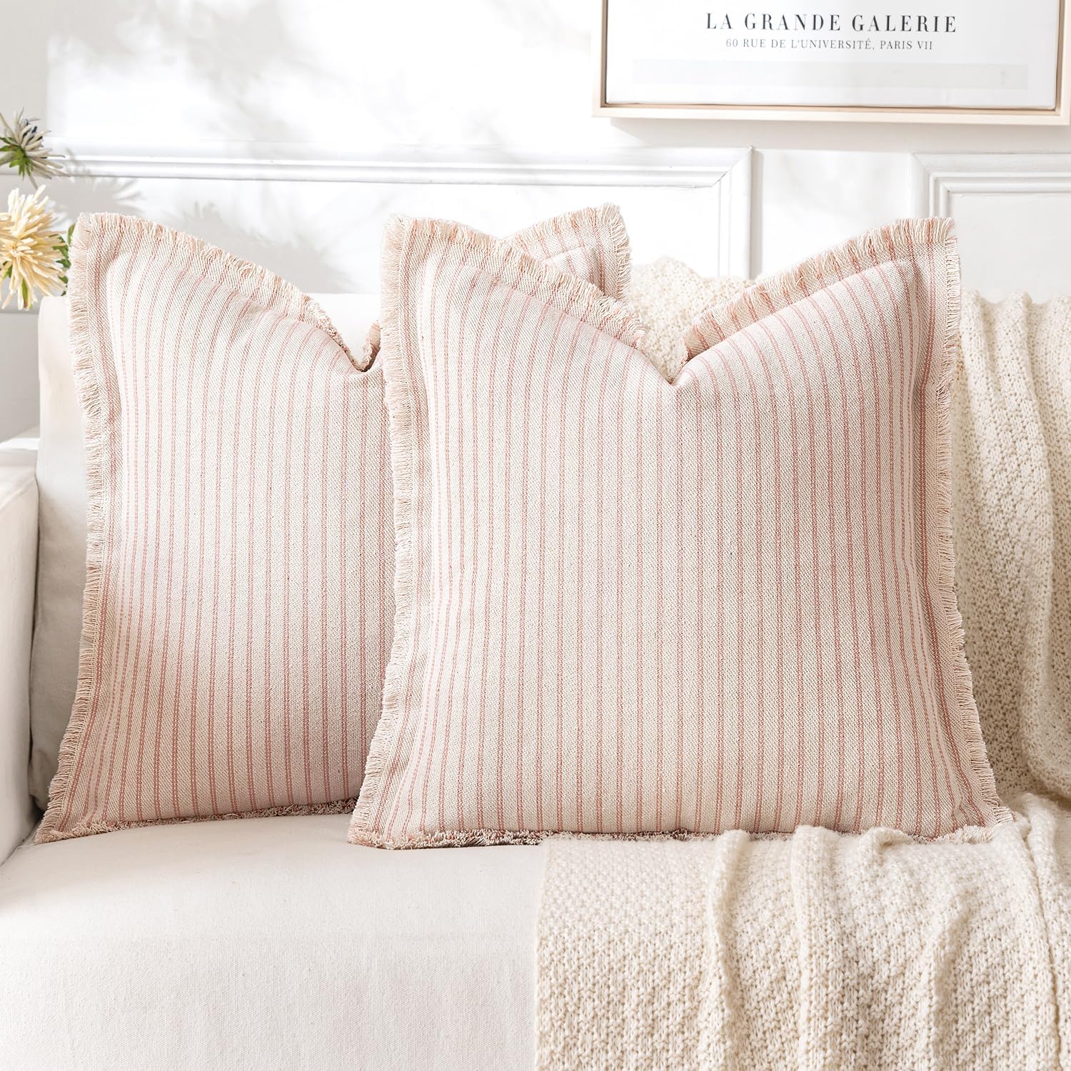 MIULEE Pack of 2 Pink Pillow Covers 20x20 Inch Striped Farmhouse Couch Spring Throw Pillow Covers with Fringe Chic Cotton Decorative Cushion Covers for Sofa Living Room Bed Outdoor Home Decor
