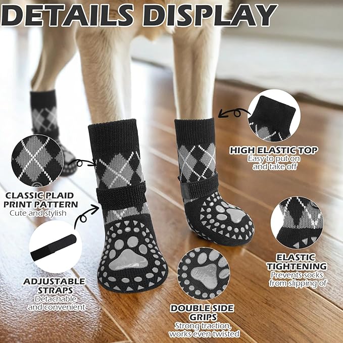 EXPAWLORER Dog Socks for Hot Pavement to Prevent Licking Paws, Plaid Non Slip Doggie Grippy Booties Shoes for Hardwood Floors, Boots & Paw for Small Medium Large Senior Dogs M
