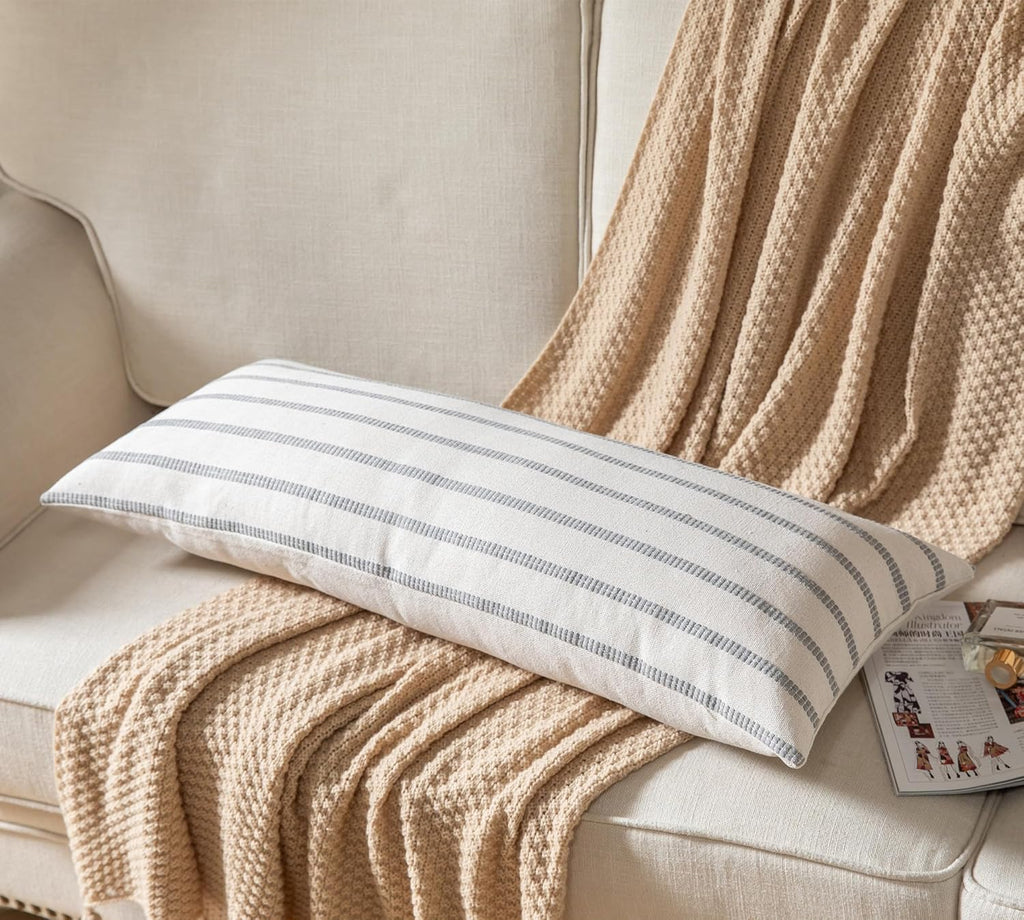 Caflife Boho Lumbar Throw Pillow Cover 14X36 Long Soft Farmhouse Decorative Couch Pillow Cases Grey Striped Body Pillow Covers Neutral Cushion Covers for Sofa Bed Living Room Home Decor Pack of 1
