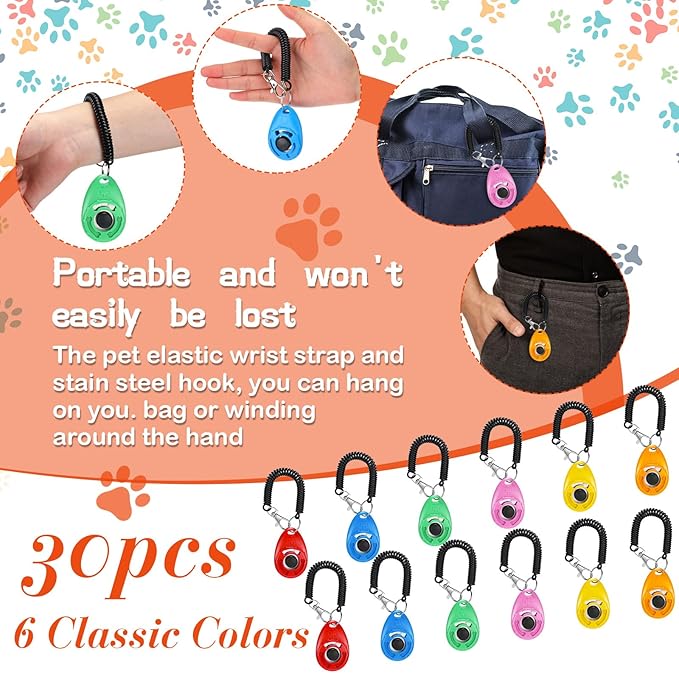 Kigeli 30 Pcs Dog Training Clicker for Pet with Wrist Strap Dog Cat Bird Clicker Puppy Training Supplies for Dogs Cats Horses Birds Behavioral Coaching Accessories (6 Colors)