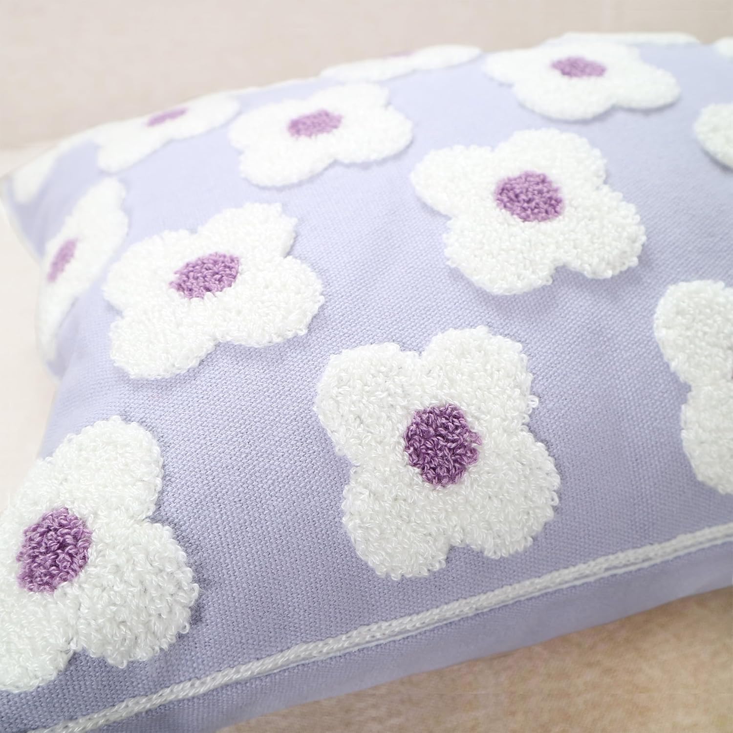 DECOBIRD Embroidery Throw Pillow Cover 12x20 Light Purple Floral Design Home Decor Loop Embroidered Pillow Case Thick Cotton Canvas Square Cushion Cover for Couch 30x50cm, 4 Petal Flowers 1 Piece
