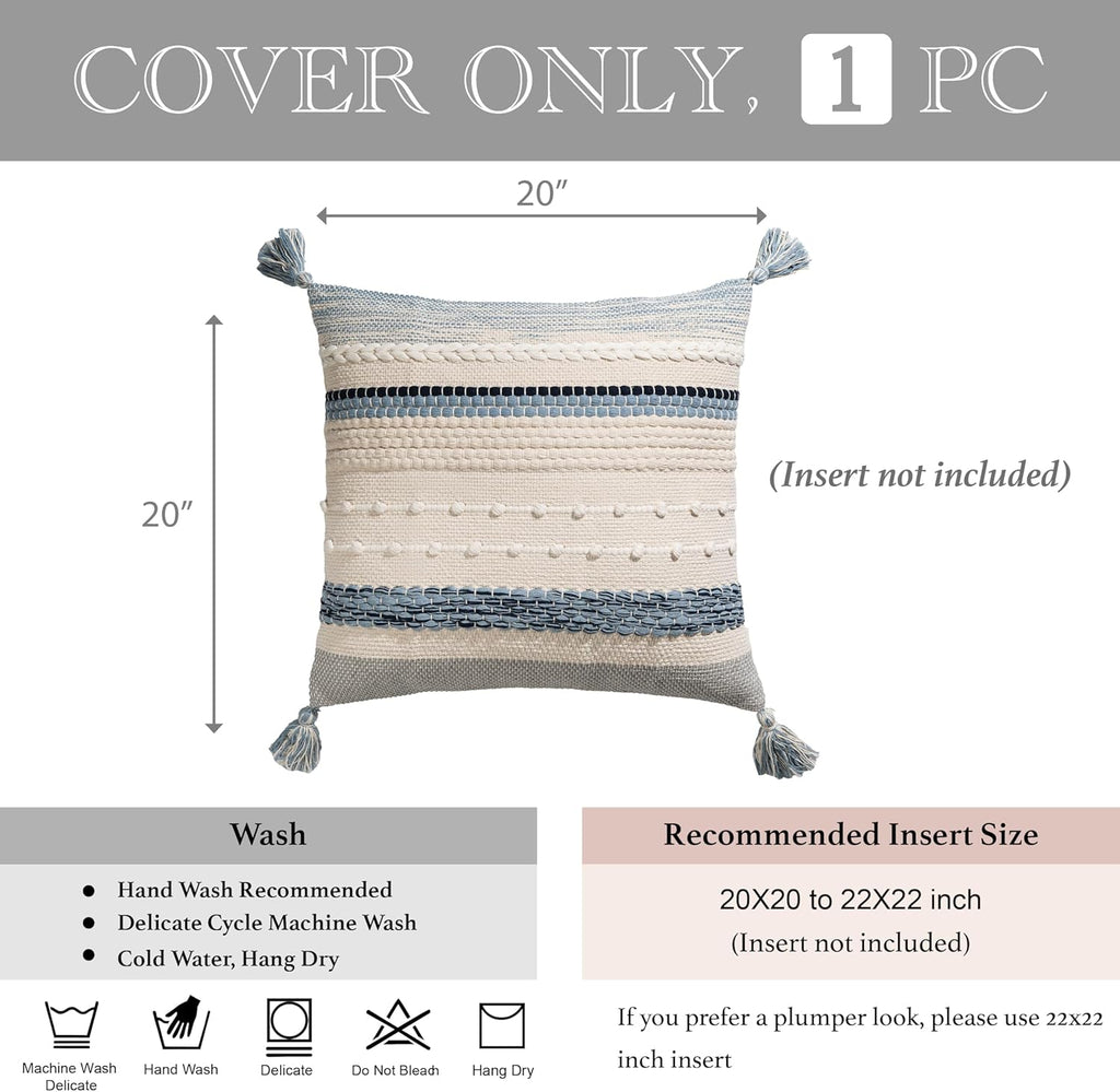 BlissBlush Coastal Blue Boho Decorative Throw Pillow Cover 20x20 Modern Bohemian Accent Pillow Case Square Woven Textured Farmhouse Pillows for Couch Bed (Pack of 1)