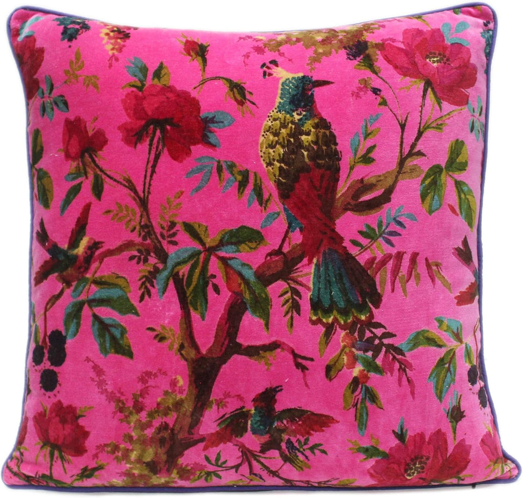 Eyes of India Velvet Floral Flower Bird Throw Pillow Sofa Cushion Cover Case Couch Colorful Boho Chic Bohemian Accent Indian Handmade (Pink, 20" x 20")