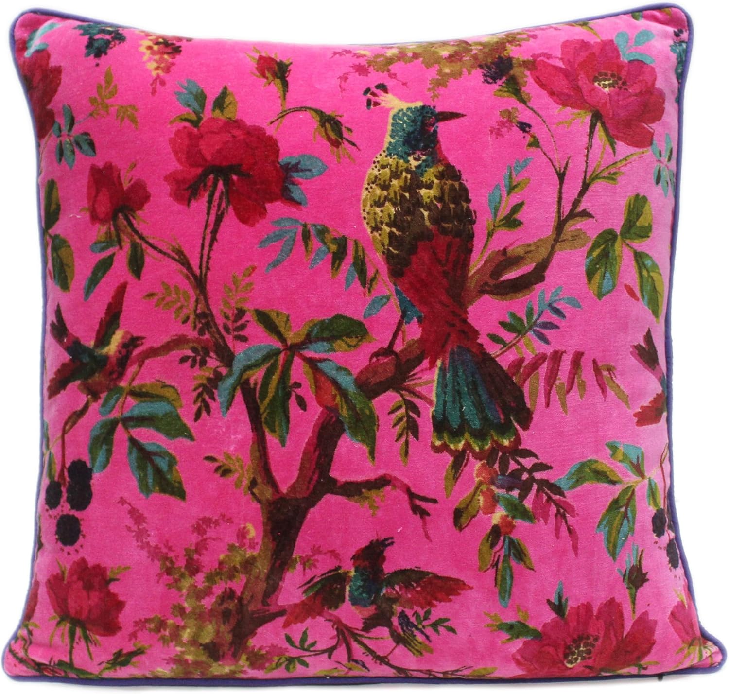 Eyes of India Velvet Floral Flower Bird Throw Pillow Sofa Cushion Cover Case Couch Colorful Boho Chic Bohemian Accent Indian Handmade (Pink, 16" x 16")