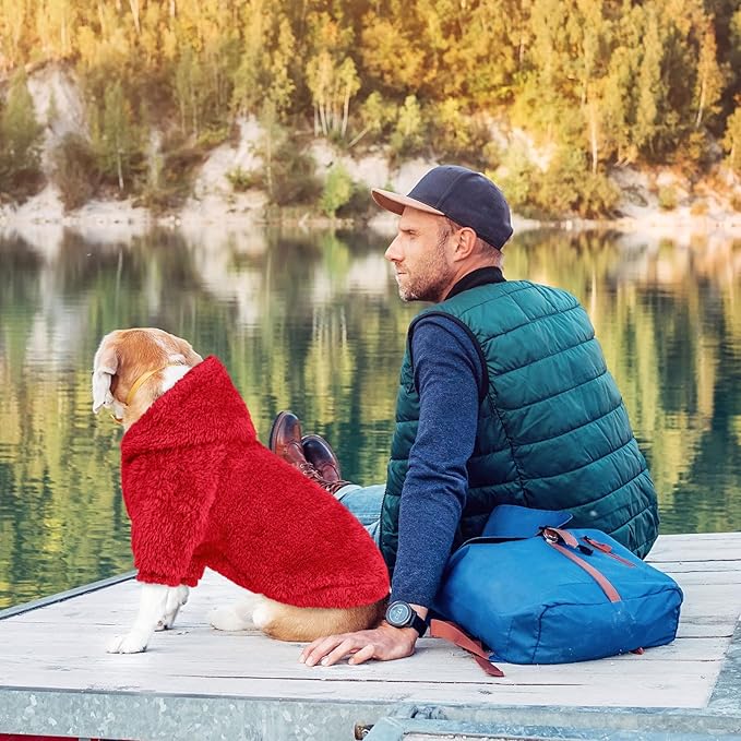 Fuzzy Dog Sweaters for Large Dogs Soft Double-Sided Plush Fleece Pet Sweater Clothes Pet Coats Dog Hoodie Sherpa Hooded Sweatshirt(Red-L)