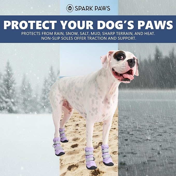 Spark Paws Dog Shoes, Waterproof Dog Boots for Medium to Large Dogs, Non Slip, Breathable Dog Booties and Paw Protectors - 4PCS Doggie Hiking Boots with Reflective Straps - Lilac, Size 8