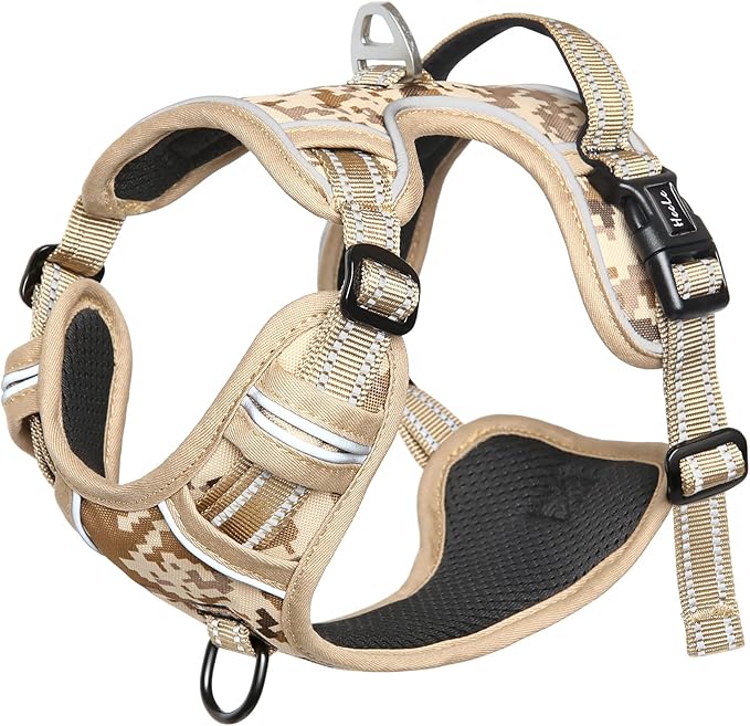 HEELE Dog Harness, No Pull Adjustable Padded Reflective Harness for Small Medium Large Dogs with Handle for Walking Training,Camo Tan, L
