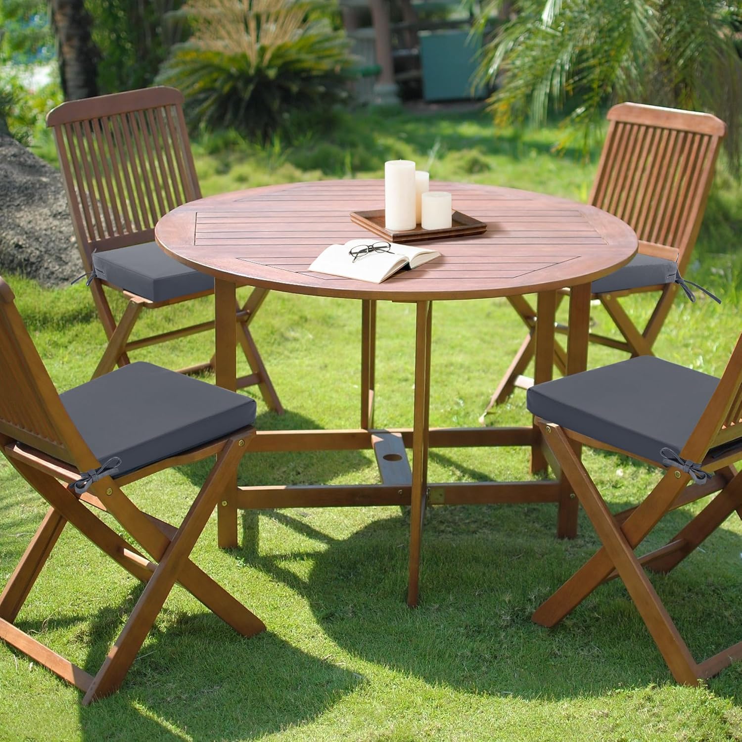 Outdoor Chair Cushions Set of 4: Waterproof & Fade Resistant Deep Seat Cushion for Patio Furniture - 24 x 24 Inch Chair Pads with Ties and Hidden Zipper - Patio Chair Cushion Replacement, Dark Grey