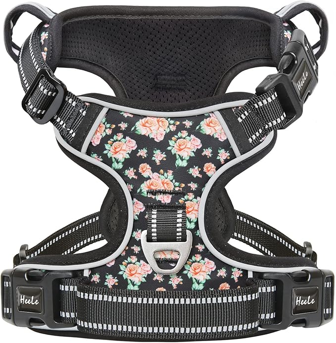 HEELE Dog Harness, No Pull Adjustable Padded Reflective Harness for Small Medium Large Dogs with Handle for Walking Training, Flower-Black, M