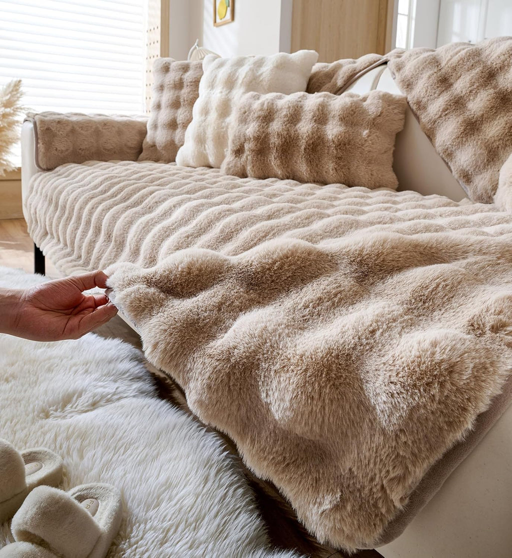 Faux Fur Couch Cover Fuzzy Soft Plush Thick Bubble Sofa Cover Luxury Sectional Couch Covers Luxury Anti-Slip Sofa Slipcover Washable Furniture Protector (Khaki,36"x94")
