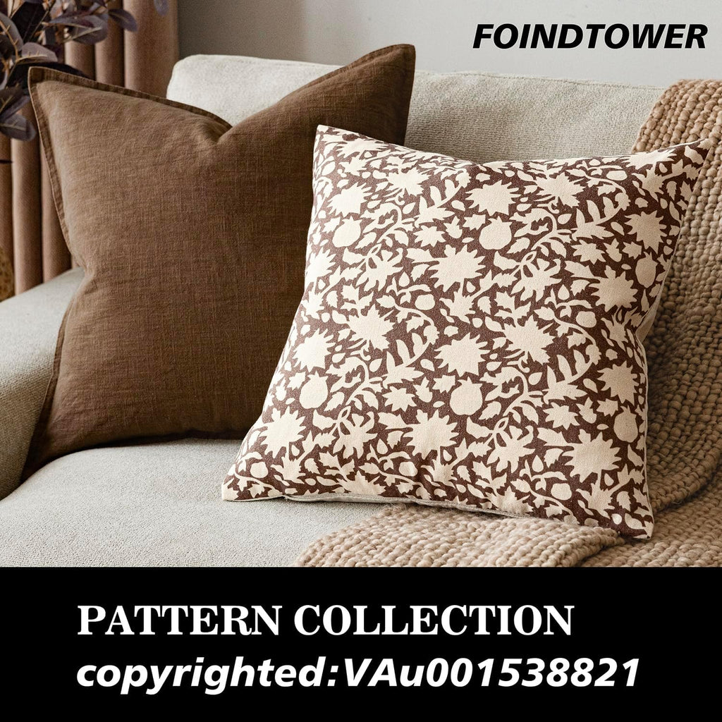 Foindtower Set of 2 Decorative Neutral Floral Throw Pillow Covers Accent Farmhouse Cushion Covers Boho Vintage Pillowcase for Couch Sofa Bedroom Living Room Home Decor,22×22 Inch,Brown