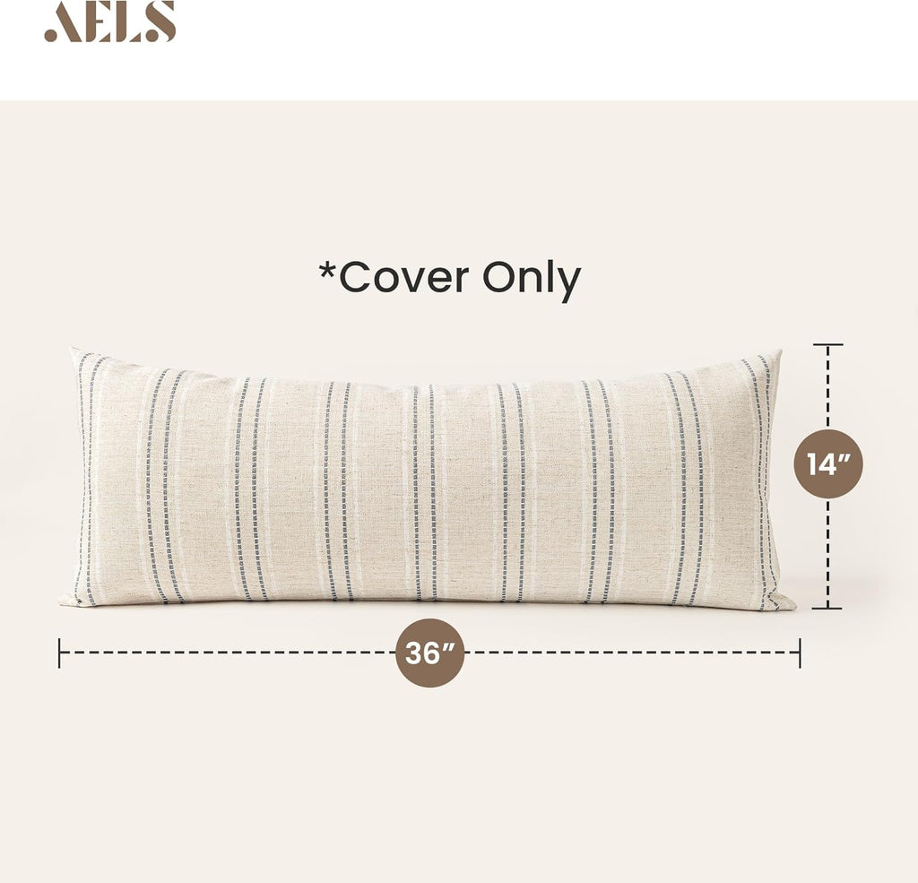 AELS 14x36 Decorative Lumbar Throw Pillow Covers, Farmhouse Linen Textured Long Pillow Case, Beige with White & Gray Stitch Boho Cushion Cover for Couch Living Room (Cover ONLY)