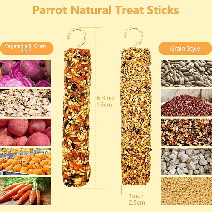 6PCS Parakeet Treat,Natural Parrots Treat Sticks,Vegetable & Grain Style Sticks,Bird Treats for Cockatiel Budgies Lovebirds Myna Canary Conure Finches