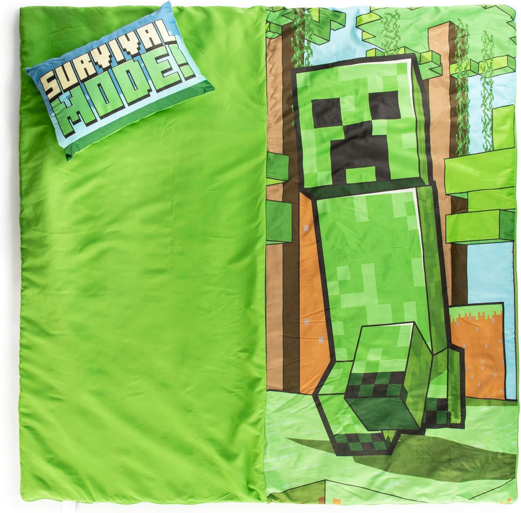 Jay Franco Kids Slumber Bag and Pillow - 54 x 27 Inch Comfy Indoor Sleeping Bag for School and Sleepovers, 2 Piece Set, Green - Minecraft