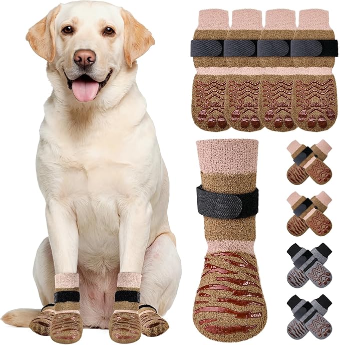 SlowTon Dog Socks with Double-Sided Grippers - 4PCS Dogs Grip Socks for Hot & Cold Pavement or Hard Floors, Non-Slip Paw Traction Protectors for Senior Small Medium Large Dogs(Brown, L)