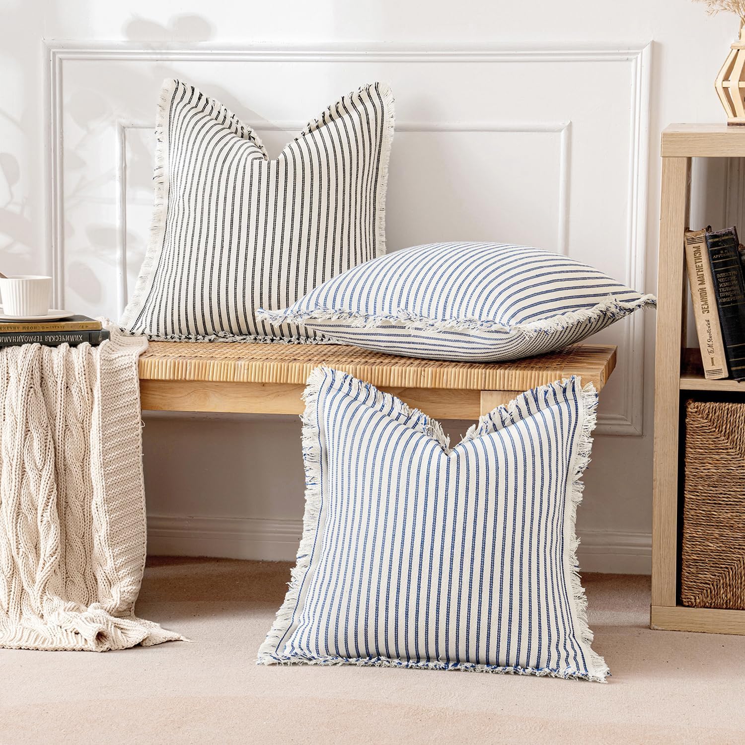 MIULEE Pack of 2 Royal Blue Pillow Covers 20x20 Inch Striped Farmhouse Couch Throw Pillow Covers with Fringe Chic Linen Decorative Cushion Covers for Sofa Living Room Bed Outdoor Home Decor