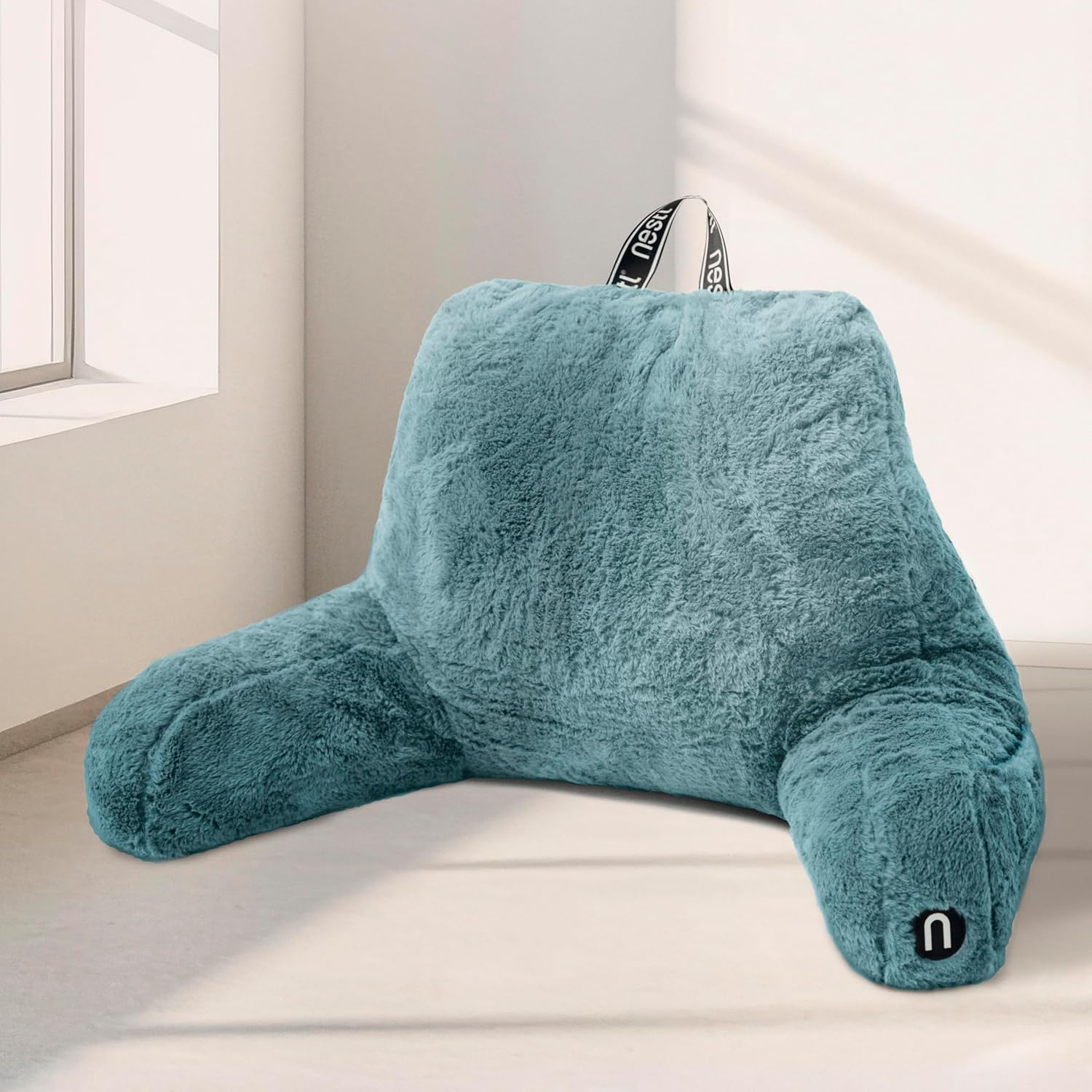 Nestl Fur Reading Pillow, Stylish Back Pillow for Bed Sitting Up, Faux Fur Bed Chair Pillow with Arms, Reading Pillows for Sitting in Bed Adult & Kids, Back Support Pillow for Bed Rest - Stone Blue