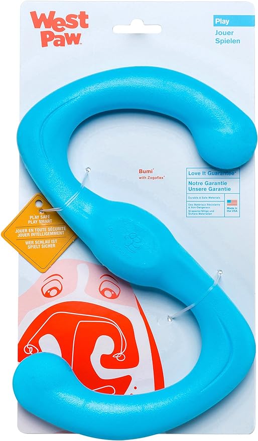 West Paw Zogoflex Bumi Dog Tug Toy – S-Shaped, Lightweight Chew Toys for Fetch, Play, Pet Exercise – Tug of War Soft Flinging Squishy Chewy Toy for Dogs – Guaranteed, Latex-Free, Large 9.5", Aqua Blue