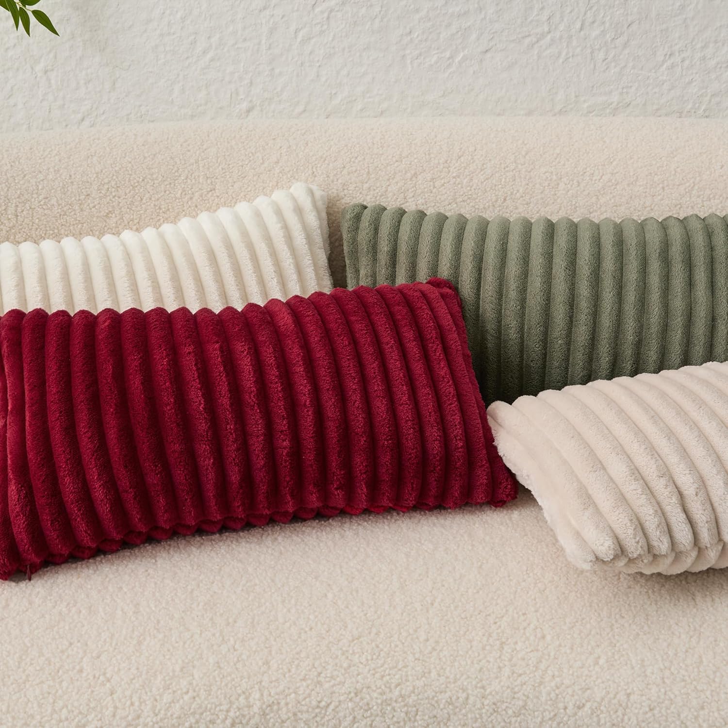 Kevin Textile Soft Plush 14x24 Inch Lumbar Pillow Cover 1 Pack, Luxury Fluffy Faux Fur Striped Flannel Rectangle Cushion Case for Couch Sofa Chair Bed Home Decor, Beige