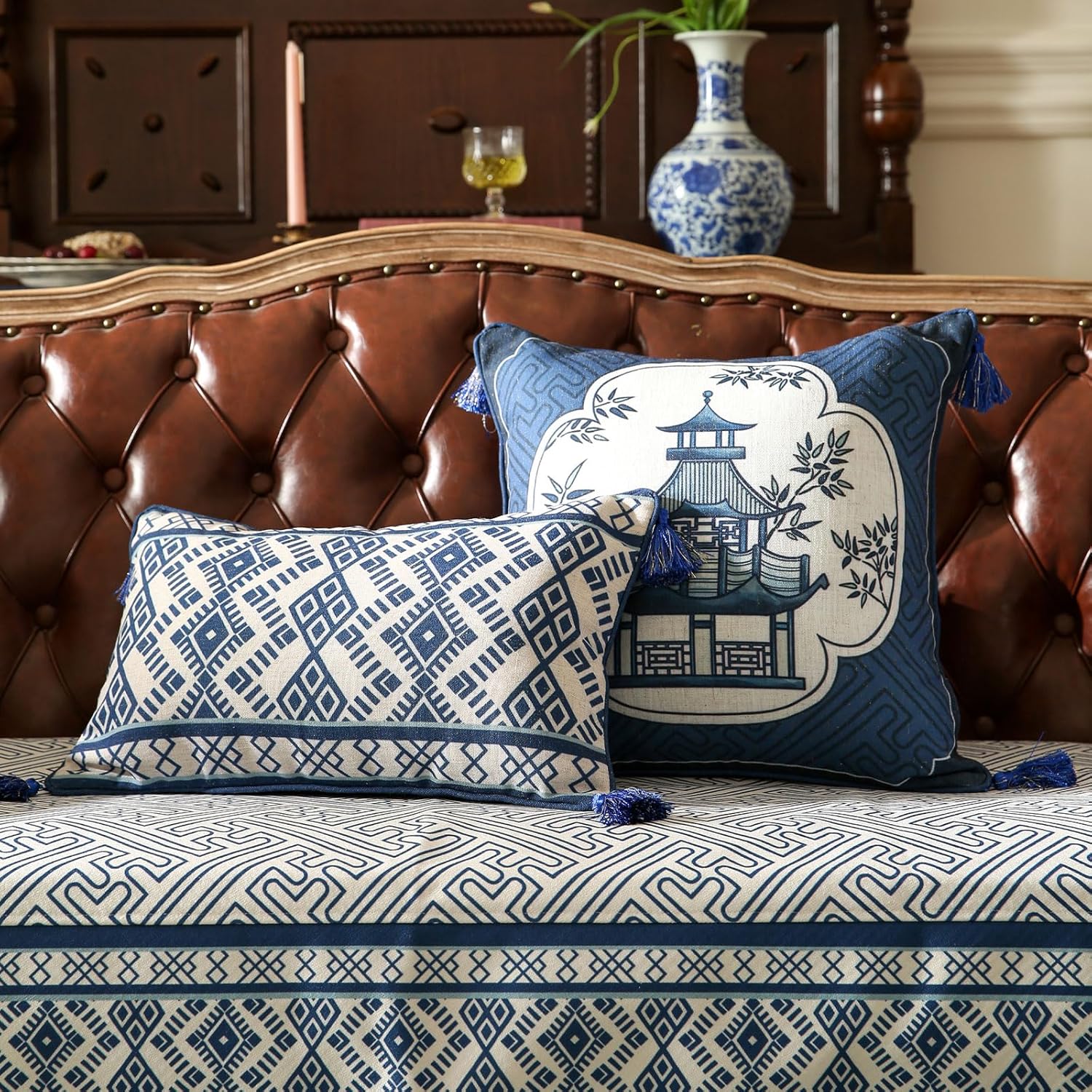 Chinoiserie Throw Pillow Covers,Classic Chinoiserie Blue and White with Striped Pattern Linen Pillowcases,Decorative Lumbar Cushion Covers for Couch Bed Car,12x20 Inches