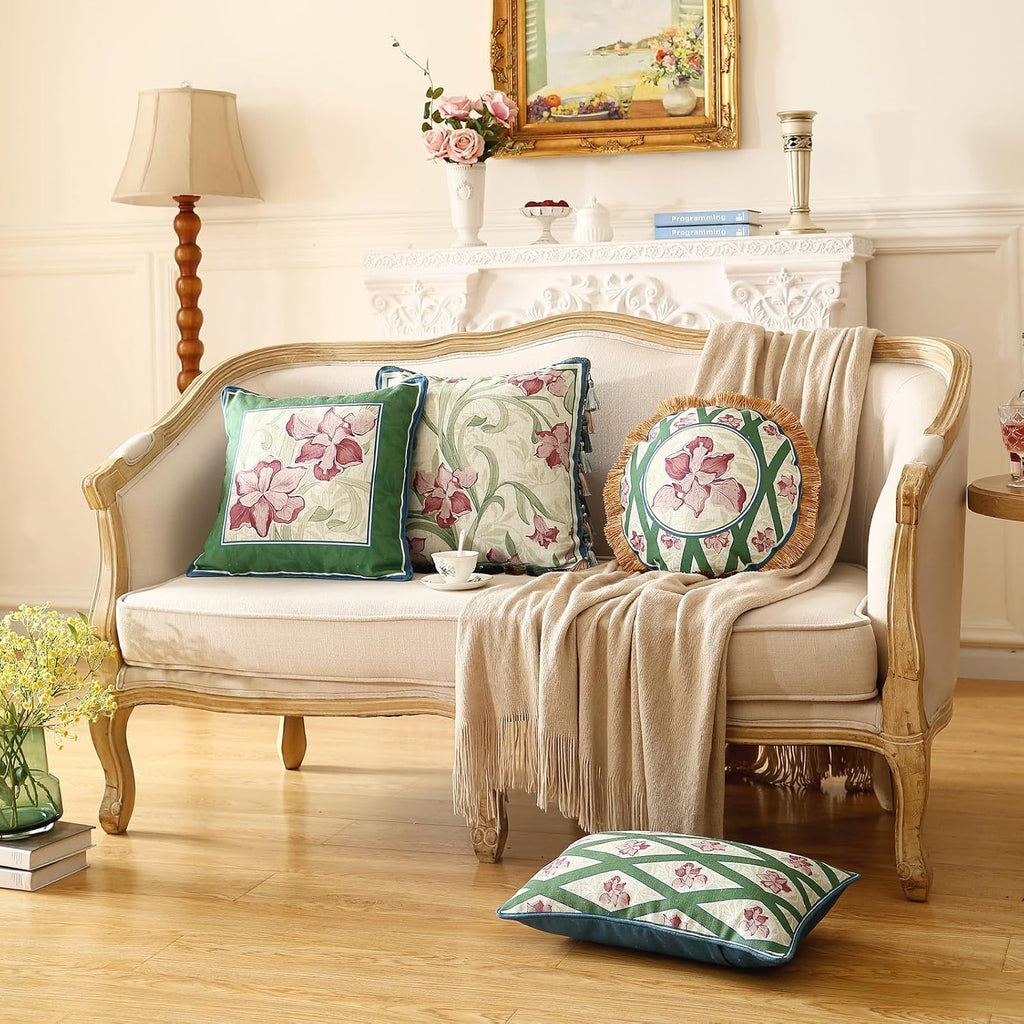 patdrea Designer Throw Pillow Covers Set of 2,French Elegant Spring Green Linen with Iris Floral Pattern Pillow Covers,Decorative Lumbar Pillowcases Cushion for Bed Living Room Outdoor,12"x20"