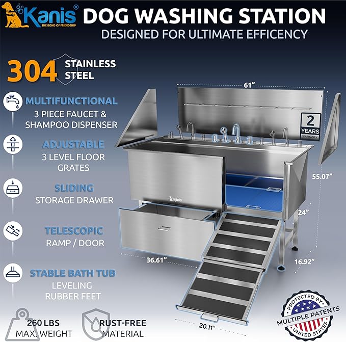 KANIS Professional Dog Washing Station - 304 Stainless Steel Pet Wash Sink & Grooming Bath Tub for Home with Ramp, Shower, Floor Grate, Storage Drawer, Faucet, Drain Kit for Large, Medium & Small Pets