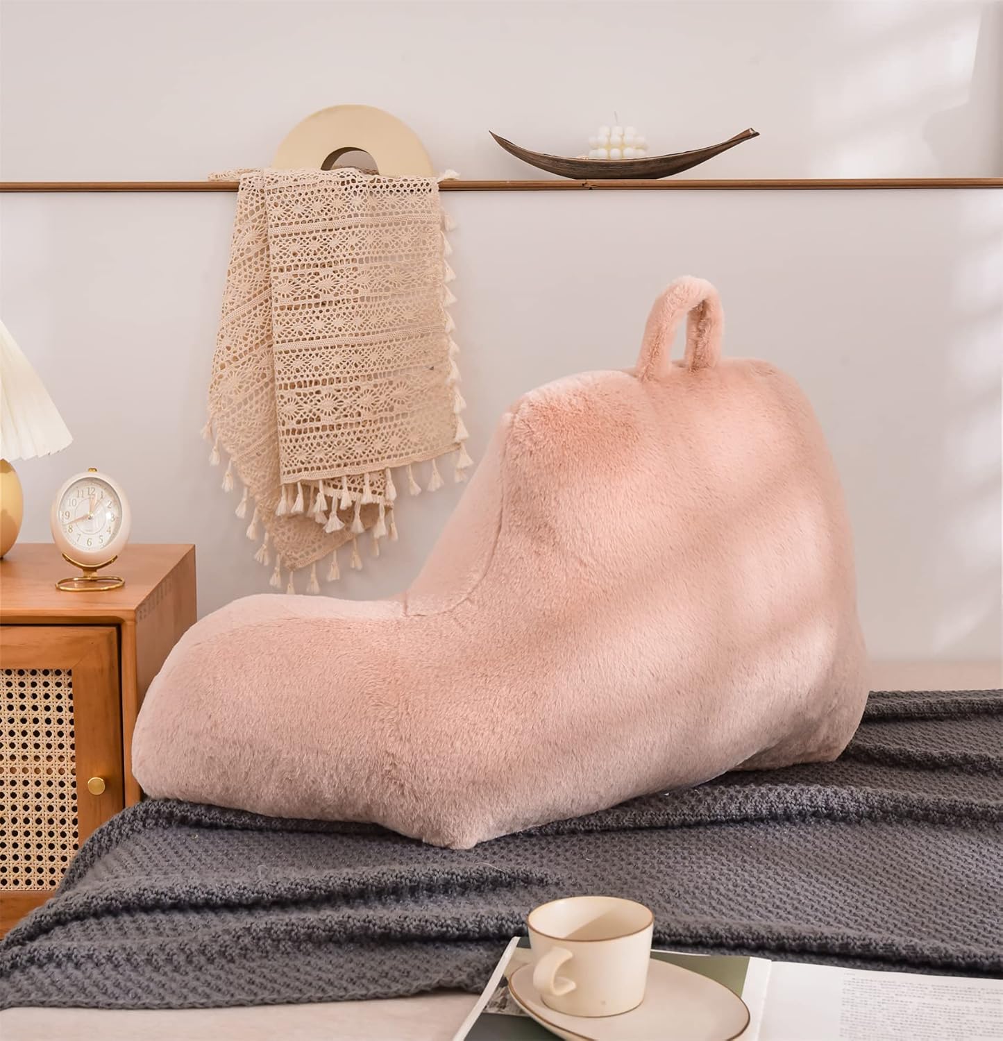 Aimuan Reading Pillow Bed Rest Pillow with Arms Rabbit Fur Back Pillow for Sitting up in Bed Adults Teens Incline Rest Sleeping Snoring with Pregnancy Lumbar Waist Support (Standard, Blush)