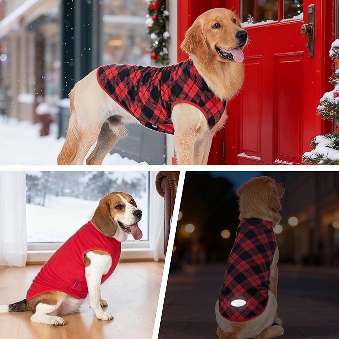 cyeollo 2 Pack Dog Fleece Sweater Stretchy Sweatshirt Pullover Dog Vest with Reflective Stripe Pet Clothes Lightweight Pet Sweaters for Medium Dogs Size, Red & Buffalo Plaid XL