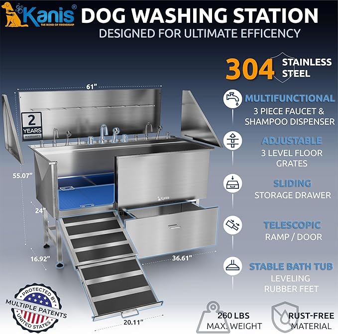 KANIS Professional Dog Washing Station - 304 Stainless Steel Pet Wash Sink & Grooming Bath Tub for Home with Ramp, Shower, Floor Grate, Storage Drawer, Faucet, Drain Kit for Large, Medium & Small Pets
