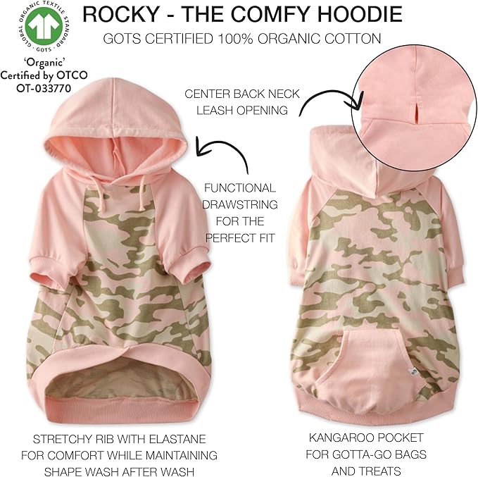 Rocky – The Orginal Lightweight Hooded TEE 100% Organic Cotton Dog Hoodie Pet Coat Sweater for Small, Medium, Large Dogs, Pink Half Camo, XX-Small (4-7 lbs)