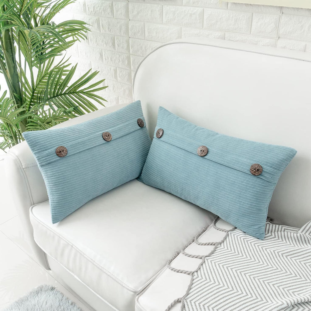 HWY 50 Light Blue Chenille Throw Pillow Covers 12x20 Inch with Triple Buttons, Soft Farmhouse Accent Decorative Cushion Cases for Couch Sofa Living Room Pack of 2 Rectangle