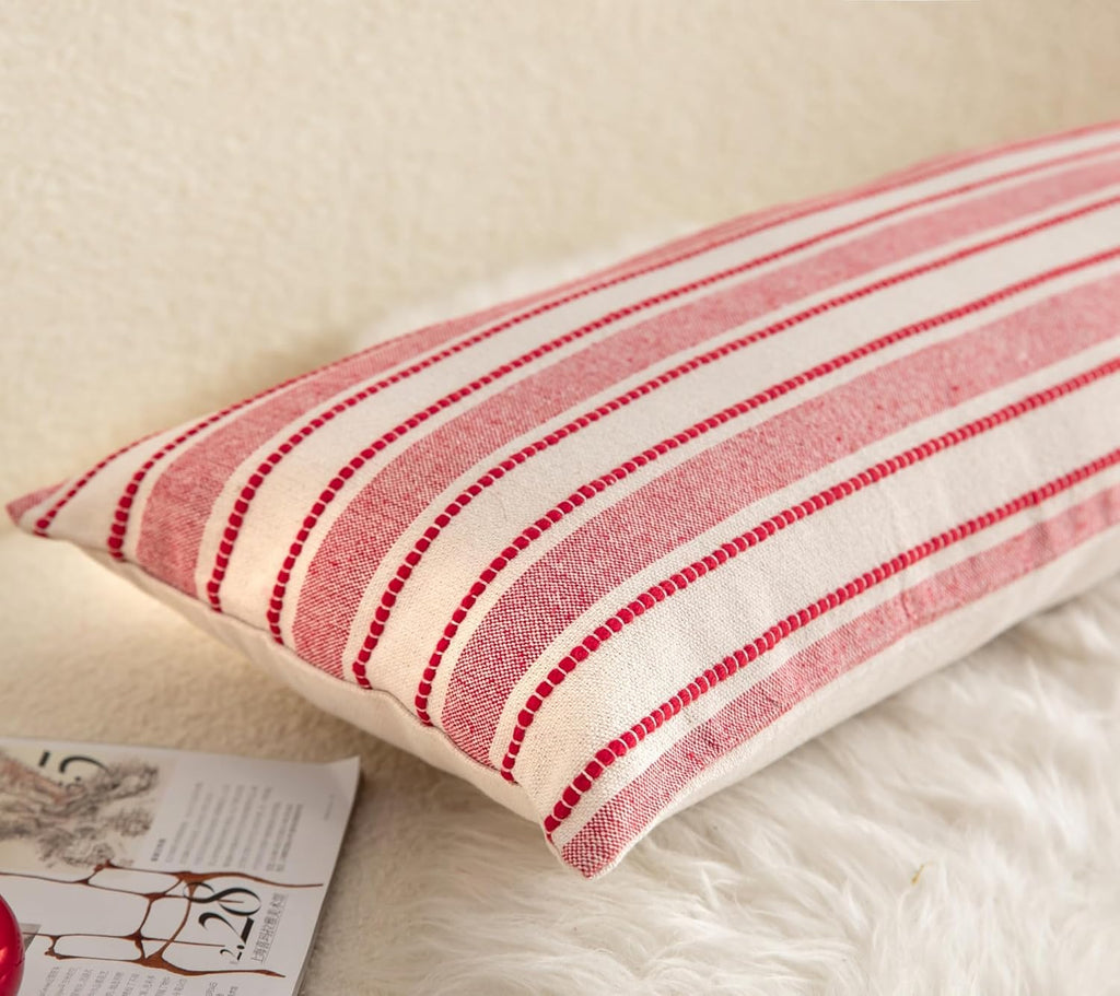 Christmas Lumbar Pillow Covers, Boho Textured Long Accent Pillow Case, Red Pillow Covers 14 x 36 Inch Christmas Decorative, Chair Sofa Bedroom Living Room Home Decor Cushion Case, Pack of 1