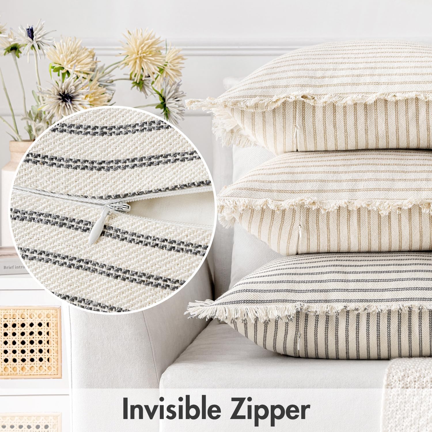 MIULEE Pack of 2 Gray Pillow Covers 26x26 Inch Striped Farmhouse Couch Throw Pillow Covers with Fringe Chic Linen Decorative Cushion Eruo Sham for Sofa Living Room Bed Outdoor Home Decor