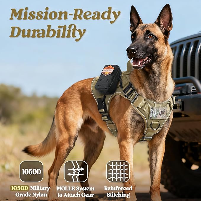 rabbitgoo Tactical Dog Harness for Large Dogs, No Pull Upgraded Reflective Heavy Duty Molle Vest with Handle, Adjustable Military Service Dog Vest for Walking Hiking Training, Brown, L