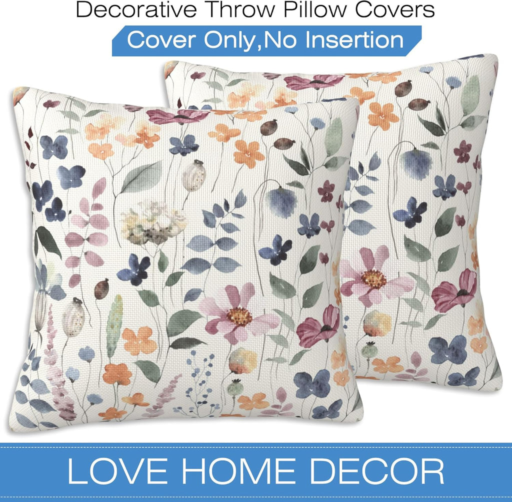 Throw Pillow Cover Case Watercolor Floral Pillow Covers 20x20 Inch Set of 2,Soft Decorative Throw Pillow Case for Living Room Bedroom Sofa Couch Cushion Covers