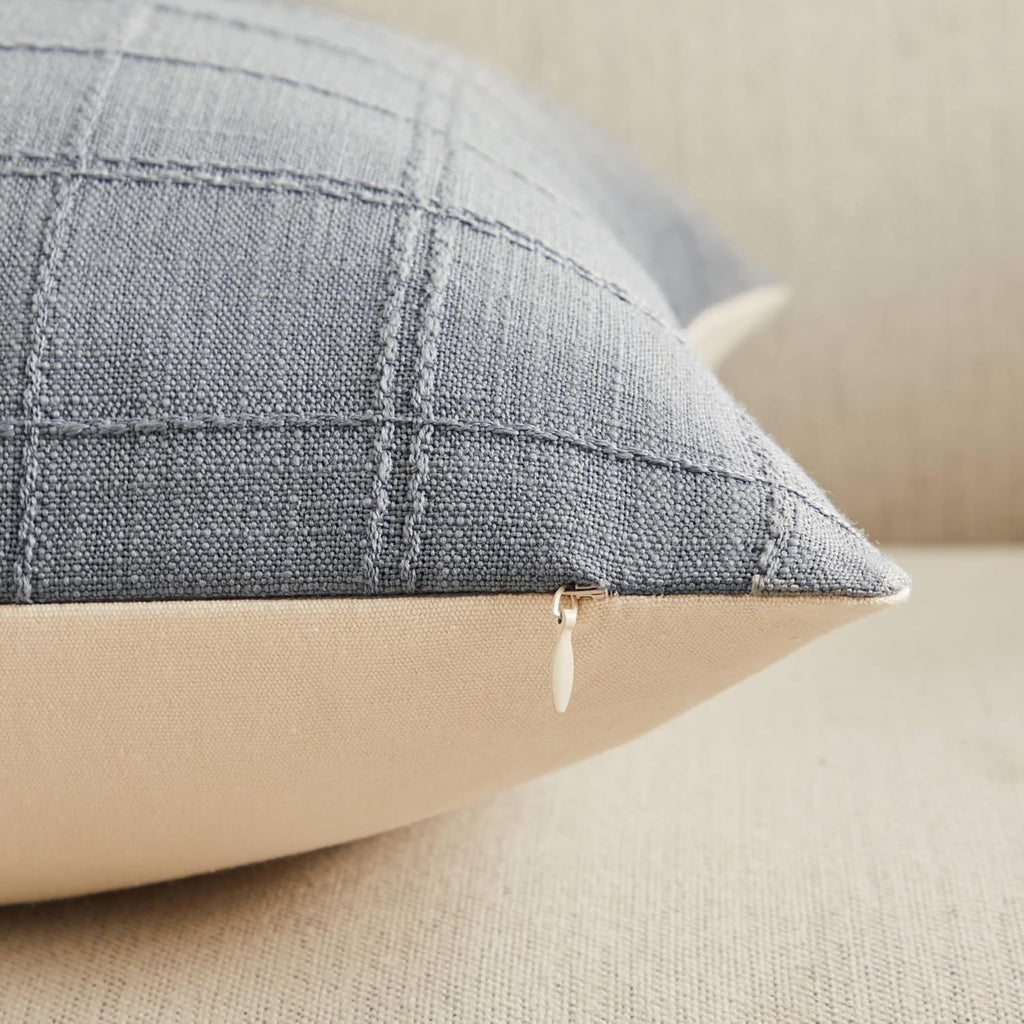 ZeeMart Linen Checked Throw Pillow Covers Set of 2, 16x16 Inch Blue Ashes/Cream, Farmhouse Decorative Single Sided Grid Embroidered Couch Pillow Cases Blue Grey Cotton Linen Cushion Covers