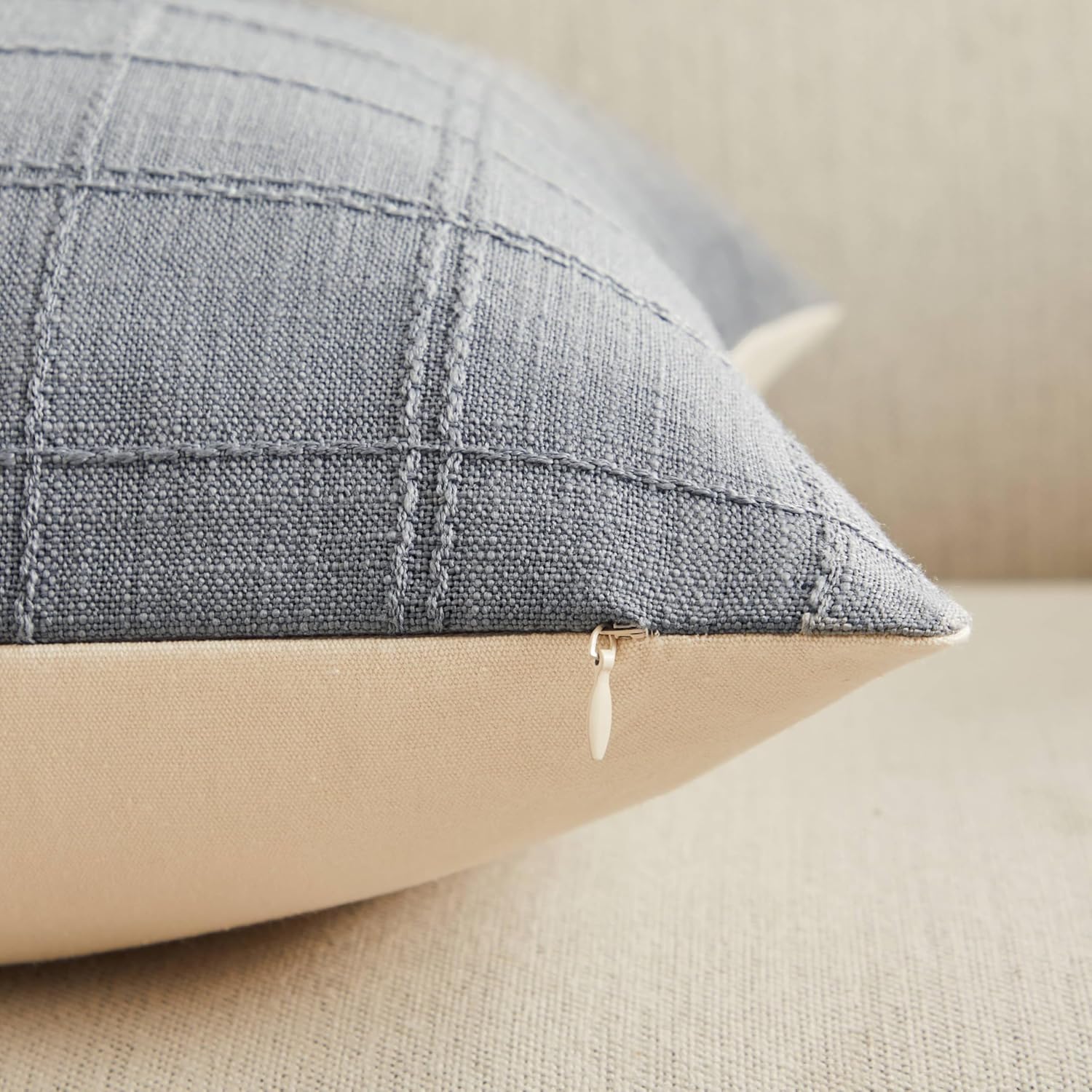 ZeeMart Linen Checked Throw Pillow Covers Set of 2, 24x24 Inch Blue Ashes/Cream, Farmhouse Decorative Single Sided Grid Embroidered Couch Pillow Cases Blue Grey Cotton Linen Cushion Covers
