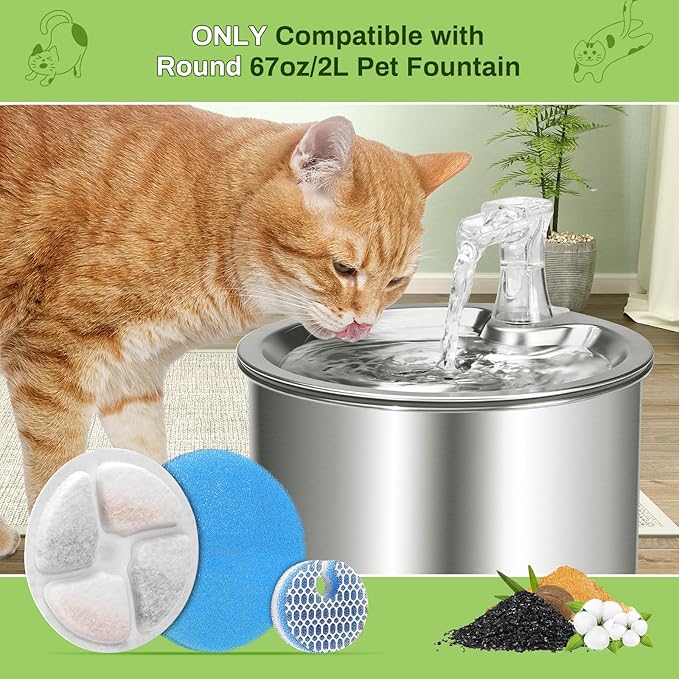 5 Pack Cat Fountain Filter Replacement for Round 2.2L/73oz Automatic Pet Water Fountain, Stainless Steel Cat Water Fountain Filters, Triple Filtration System, Activated Carbon Filters