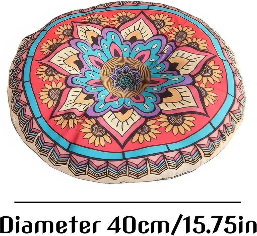 Mandala Round Floor Pillow - 16x16 inch Reversible Cotton Linen Meditation Cushion for Yoga, Balcony & Patio Decor (Colorful)