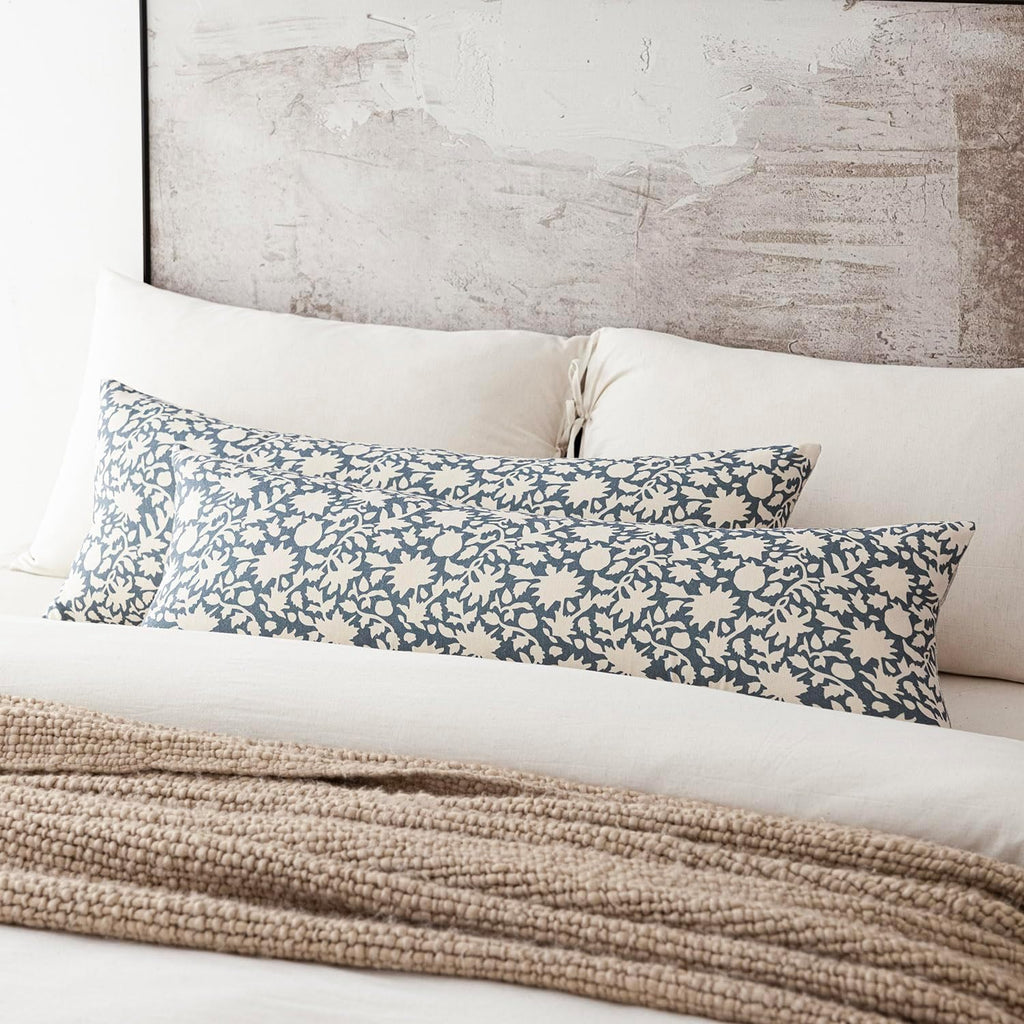 Foindtower Set of 2 Decorative Long Body Lumbar Throw Pillow Covers Accent Farmhouse Cushion Cover Neutral Floral Pillowcase for Couch Sofa Bedroom Living Room Home Decor,14×36 Inch,Dusty Blue