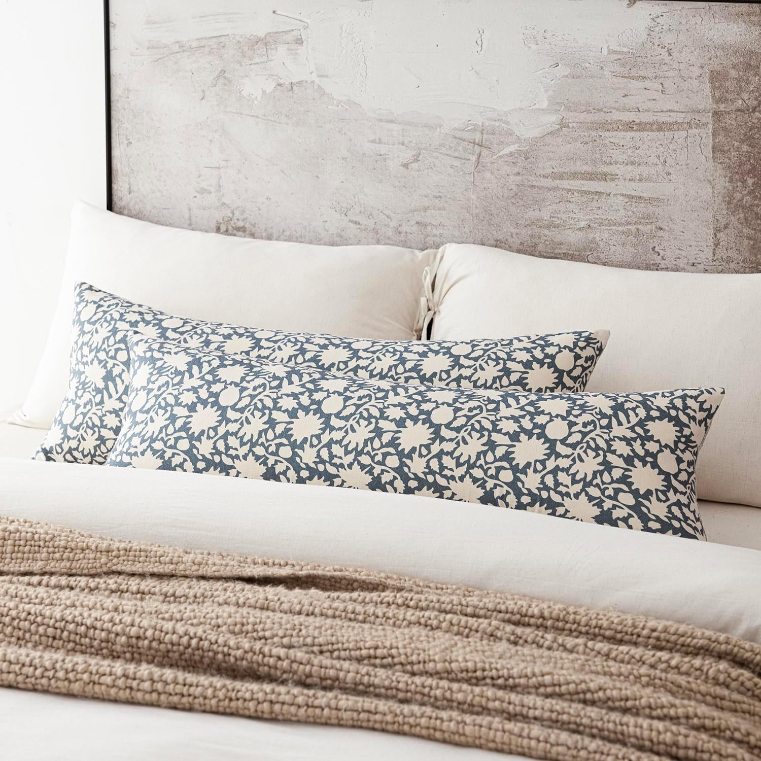 Foindtower Set of 2 Decorative Long Body Lumbar Throw Pillow Covers Accent Farmhouse Cushion Cover Neutral Floral Pillowcase for Couch Sofa Bedroom Living Room Home Decor,14×36 Inch,Dusty Blue